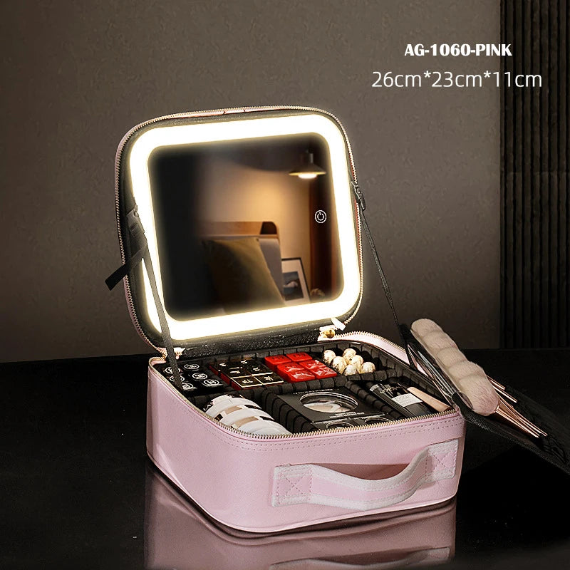 Portable Makeup Case with LED Light Mirror & 2000mAh Rechargeable Power – Travel Vanity Storage Box