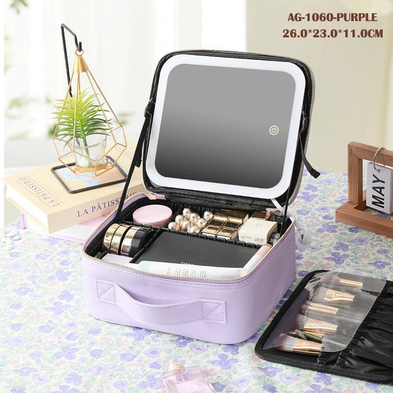 Portable Makeup Case with LED Light Mirror & 2000mAh Rechargeable Power – Travel Vanity Storage Box