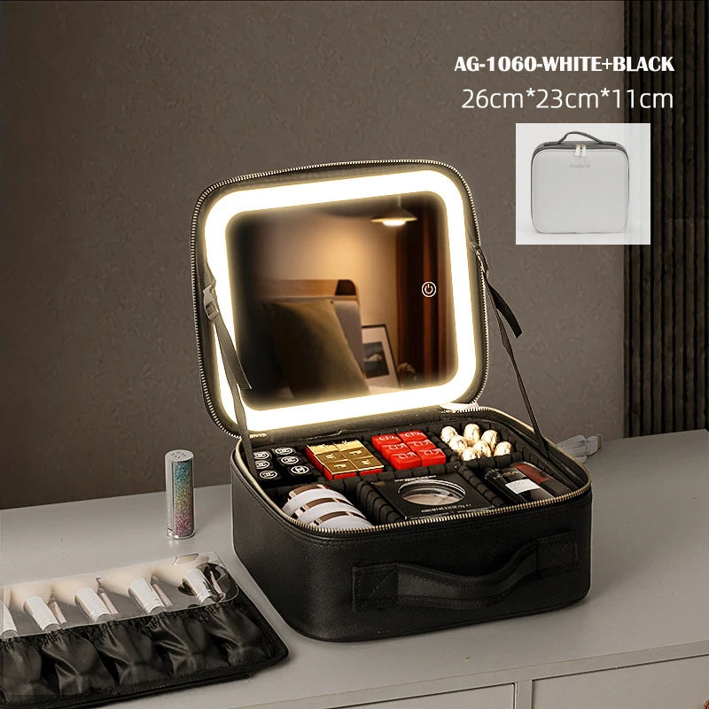 Portable Makeup Case with LED Light Mirror & 2000mAh Rechargeable Power – Travel Vanity Storage Box