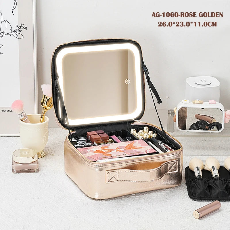 Portable Makeup Case with LED Light Mirror & 2000mAh Rechargeable Power – Travel Vanity Storage Box