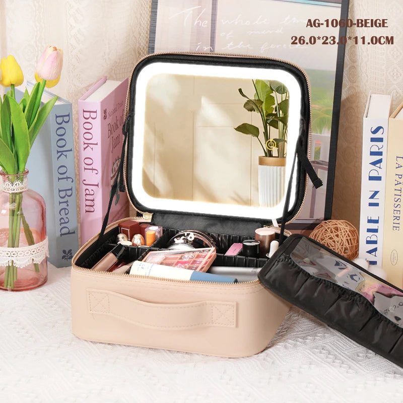 Portable Makeup Case with LED Light Mirror & 2000mAh Rechargeable Power – Travel Vanity Storage Box