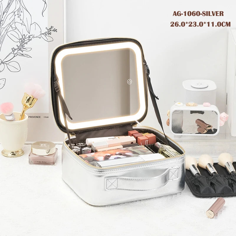 Portable Makeup Case with LED Light Mirror & 2000mAh Rechargeable Power – Travel Vanity Storage Box