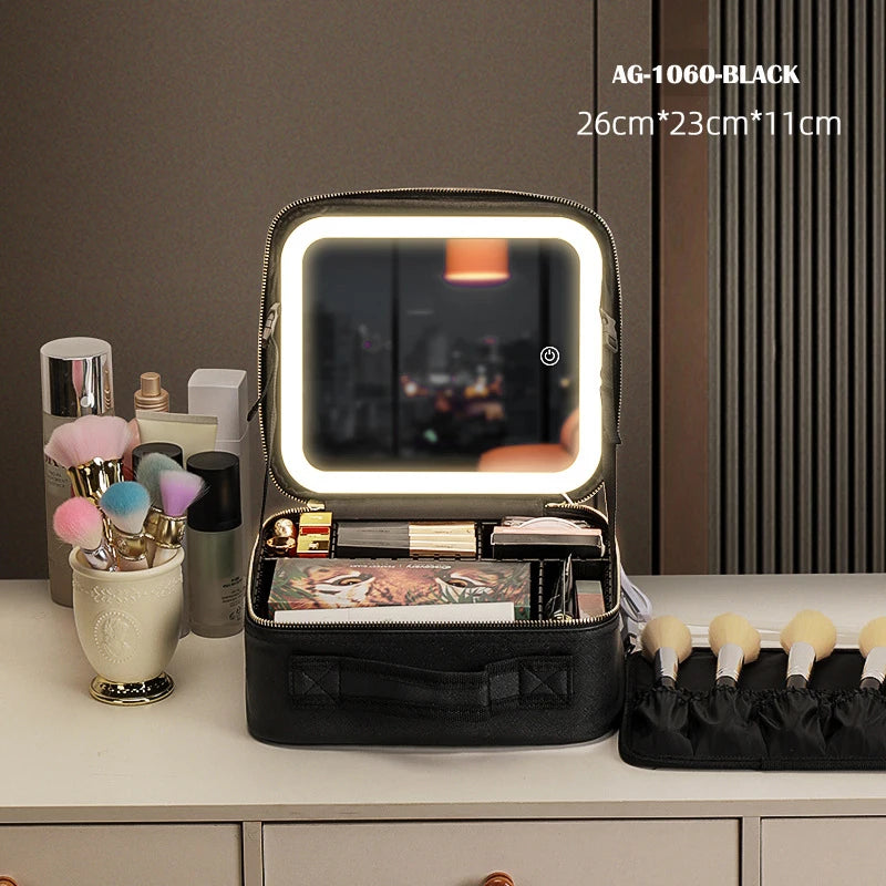 Portable Makeup Case with LED Light Mirror & 2000mAh Rechargeable Power – Travel Vanity Storage Box