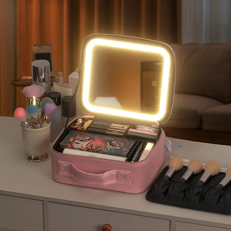 Portable Makeup Case with LED Light Mirror & 2000mAh Rechargeable Power – Travel Vanity Storage Box